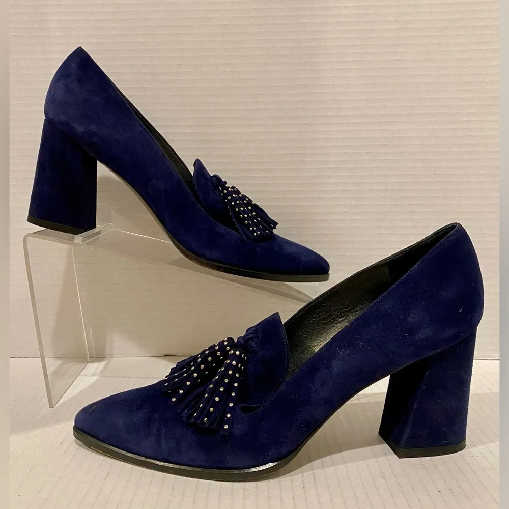 Stuart Weitzman Navy Blue Suede Tassel Block Heel Pumps